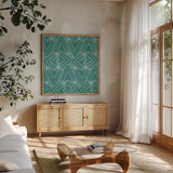 Holiday Likeness Pattern VIE by Veronique Charron. Shown in a natural wood frame in a cozy modern living room. Available as an archival giclee rolled canvas, fine art paper, or poster print. SKU 63037a.