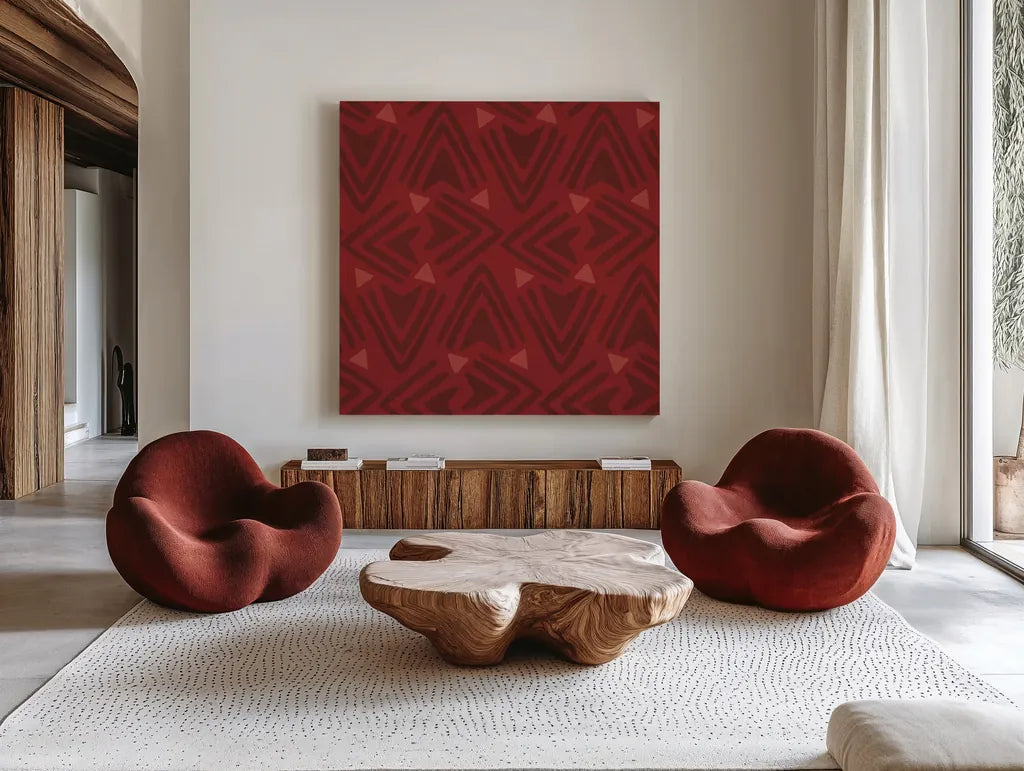 Holiday Likeness Pattern VIG by Veronique Charron. Shown as extra-large giant wall art in a modern living room. Available as an archival giclee rolled canvas, fine art paper, or poster print. SKU 63039a.