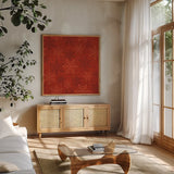 Holiday Likeness Pattern VIIA by Veronique Charron. Shown in a natural wood frame in a cozy modern living room. Available as an archival giclee rolled canvas, fine art paper, or poster print. SKU 63040a.
