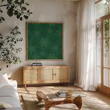 Holiday Likeness Pattern VIIC by Veronique Charron. Shown in a natural wood frame in a cozy modern living room. Available as an archival giclee rolled canvas, fine art paper, or poster print. SKU 63042a.