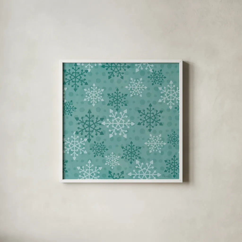 Holiday Likeness Pattern VIID by Veronique Charron. Shown in a crisp white glass frame for a clean and minimalist style. Available as an archival giclee rolled canvas, fine art paper, or poster print. SKU 63043a.