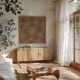 Holiday Likeness Pattern VIIE by Veronique Charron. Shown in a natural wood frame in a cozy modern living room. Available as an archival giclee rolled canvas, fine art paper, or poster print. SKU 63044a.