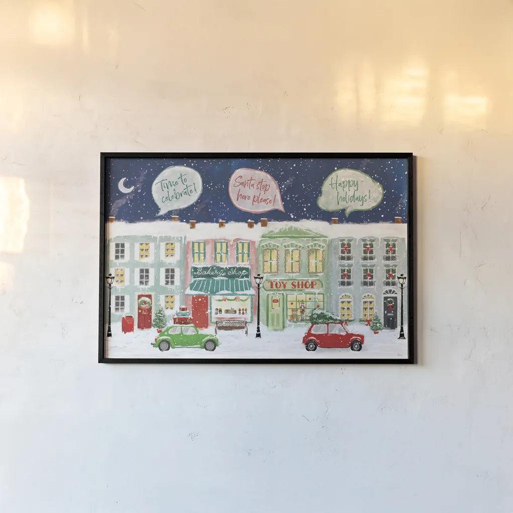 Hometown Holiday I by Veronique Charron. shown as a paper print in a black flame. Available as a archival giclee rolled canvas, fine art paper, or poster print. SKU 60896i.