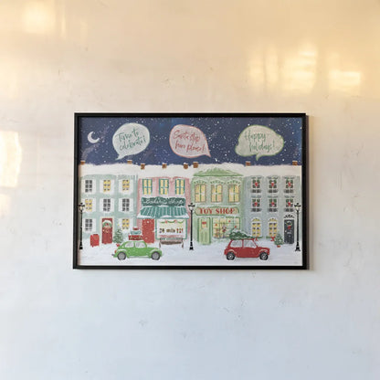 Hometown Holiday I by Veronique Charron. shown as a paper print in a black flame. Available as a archival giclee rolled canvas, fine art paper, or poster print. SKU 60896i.