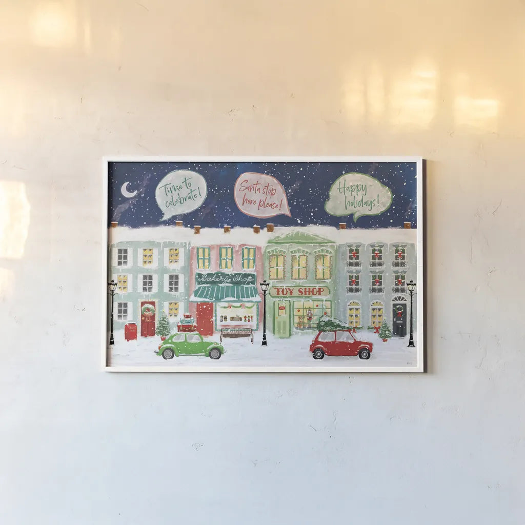 Hometown Holiday I by Veronique Charron. shown as a paper print in a white frame. Available as a archival giclee rolled canvas, fine art paper, or poster print. SKU 60896i.