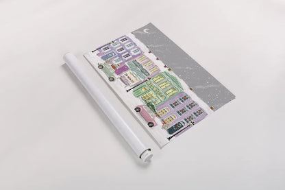 Hometown Holiday I Purple by Veronique Charron. shown as a rolled paper print. Available as archival giclee rolled canvas, fine art paper, or poster print. SKU 75402i.