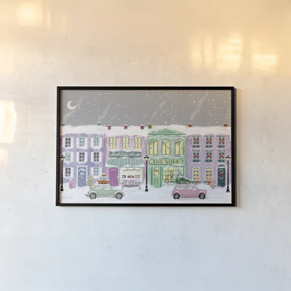 Hometown Holiday I Purple by Veronique Charron. shown as a paper print in a black flame. Available as a archival giclee rolled canvas, fine art paper, or poster print. SKU 75402i.