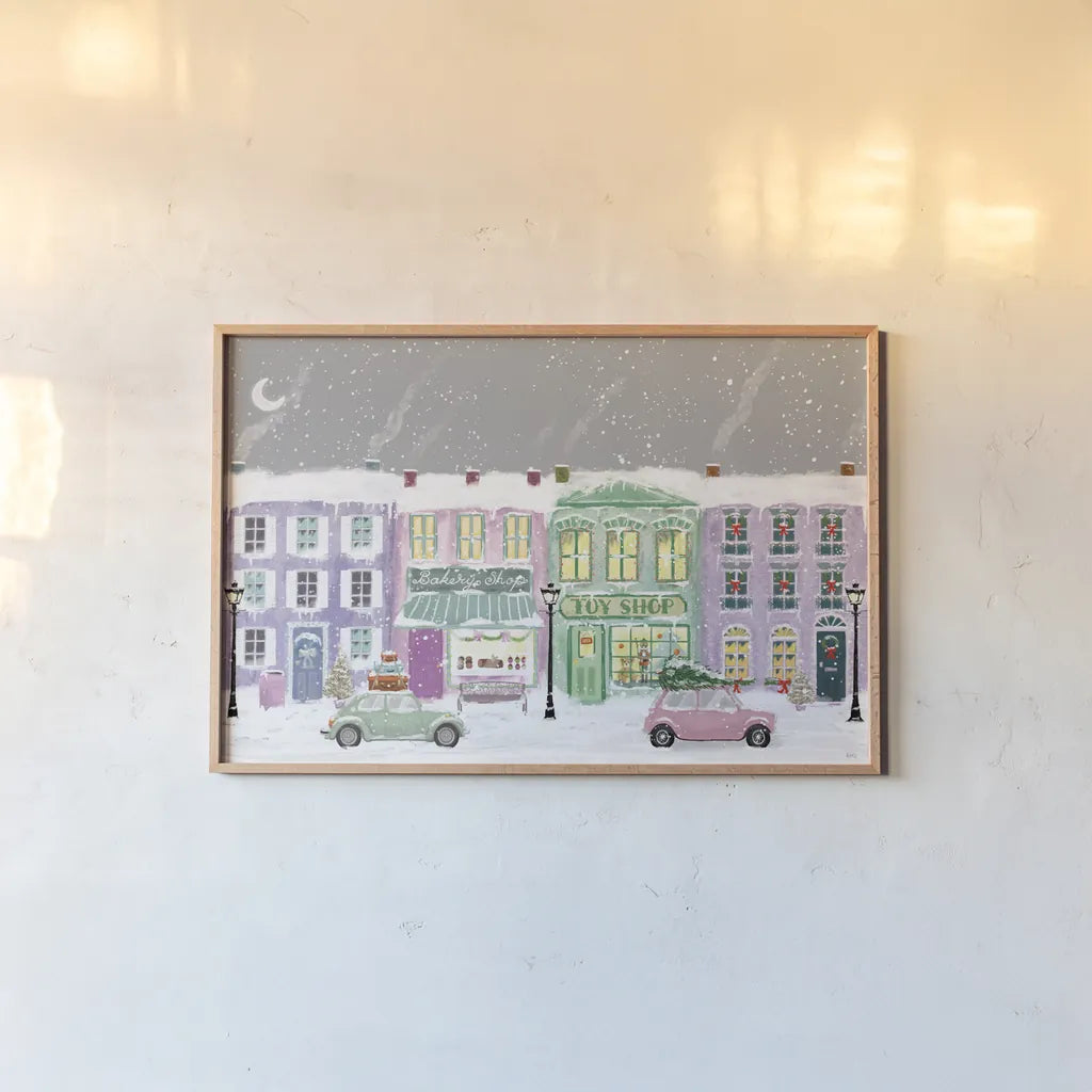 Hometown Holiday I Purple by Veronique Charron. shown as a paper print in a natural frame. Available as a archival giclee rolled canvas, fine art paper, or poster print. SKU 75402i.