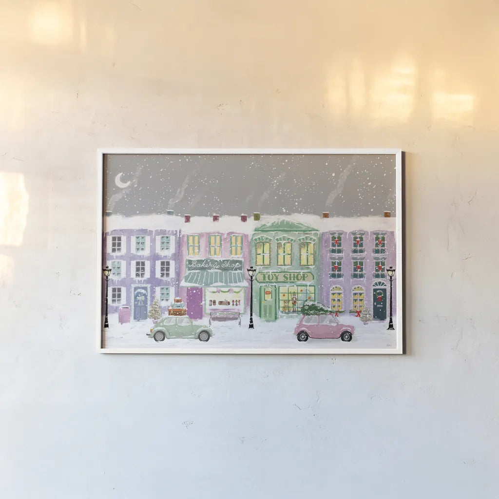 Hometown Holiday I Purple by Veronique Charron. shown as a paper print in a white frame. Available as a archival giclee rolled canvas, fine art paper, or poster print. SKU 75402i.