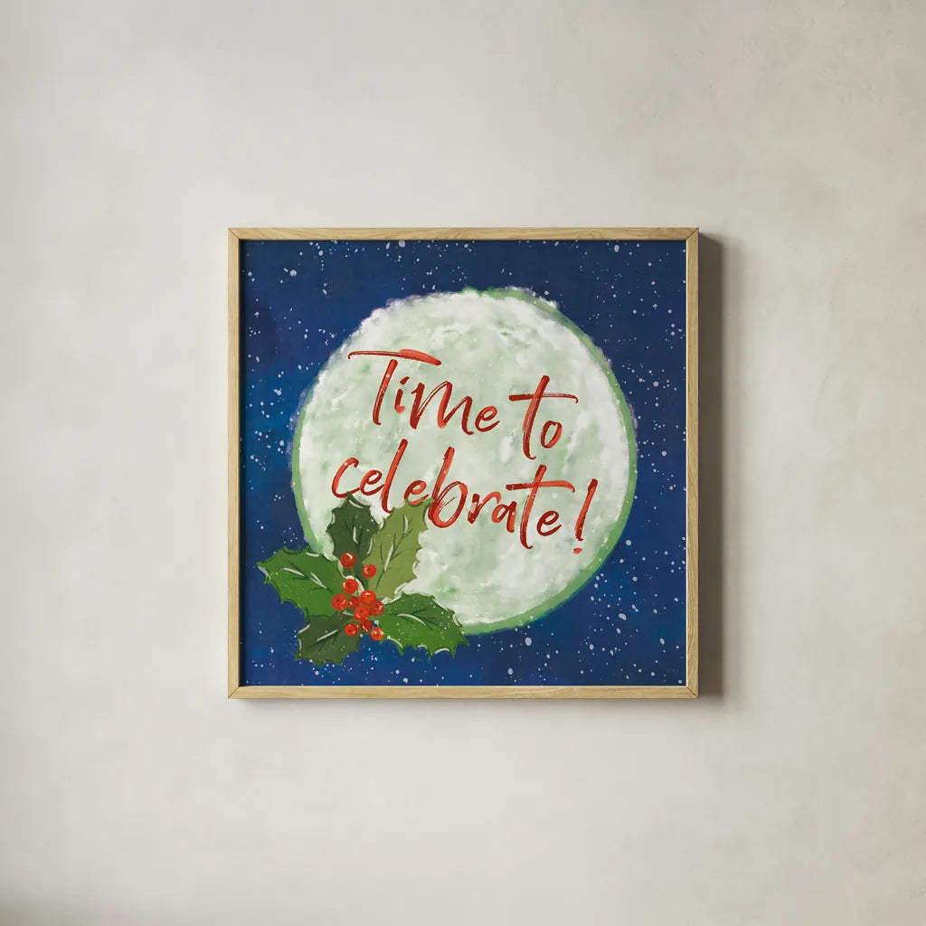 Hometown Holiday IV by Veronique Charron. Shown in a natural wood glass frame for a timeless modern aesthetic. Available as an archival giclee rolled canvas, fine art paper, or poster print. SKU 60899a.