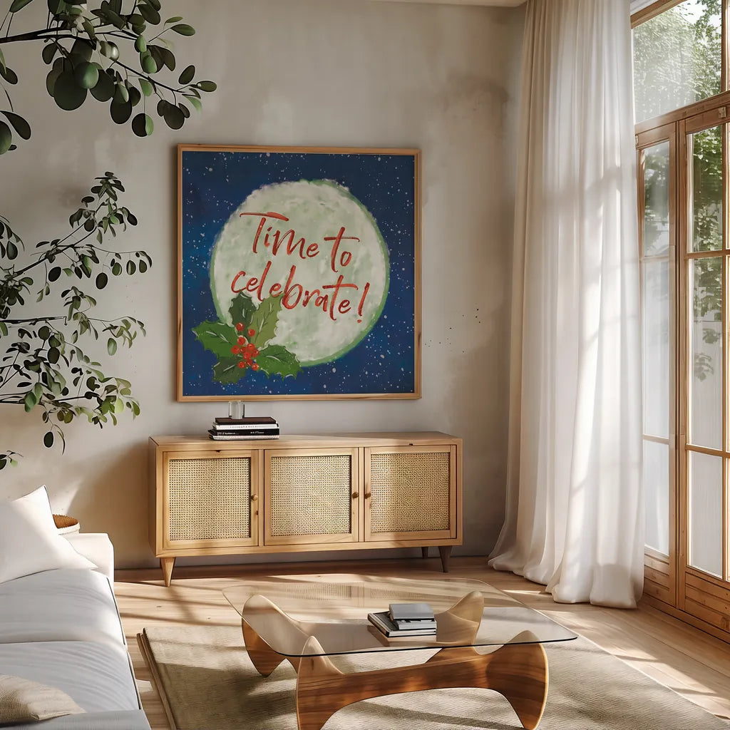 Hometown Holiday IV by Veronique Charron. Shown in a natural wood frame in a cozy modern living room. Available as an archival giclee rolled canvas, fine art paper, or poster print. SKU 60899a.