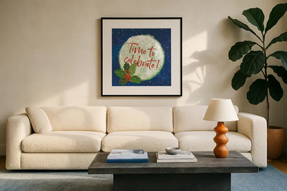 Hometown Holiday IV by Veronique Charron. Displayed in a glass frame with matte in a clean modern living room. Available as an archival giclee rolled canvas, fine art paper, or poster print. SKU 60899a.