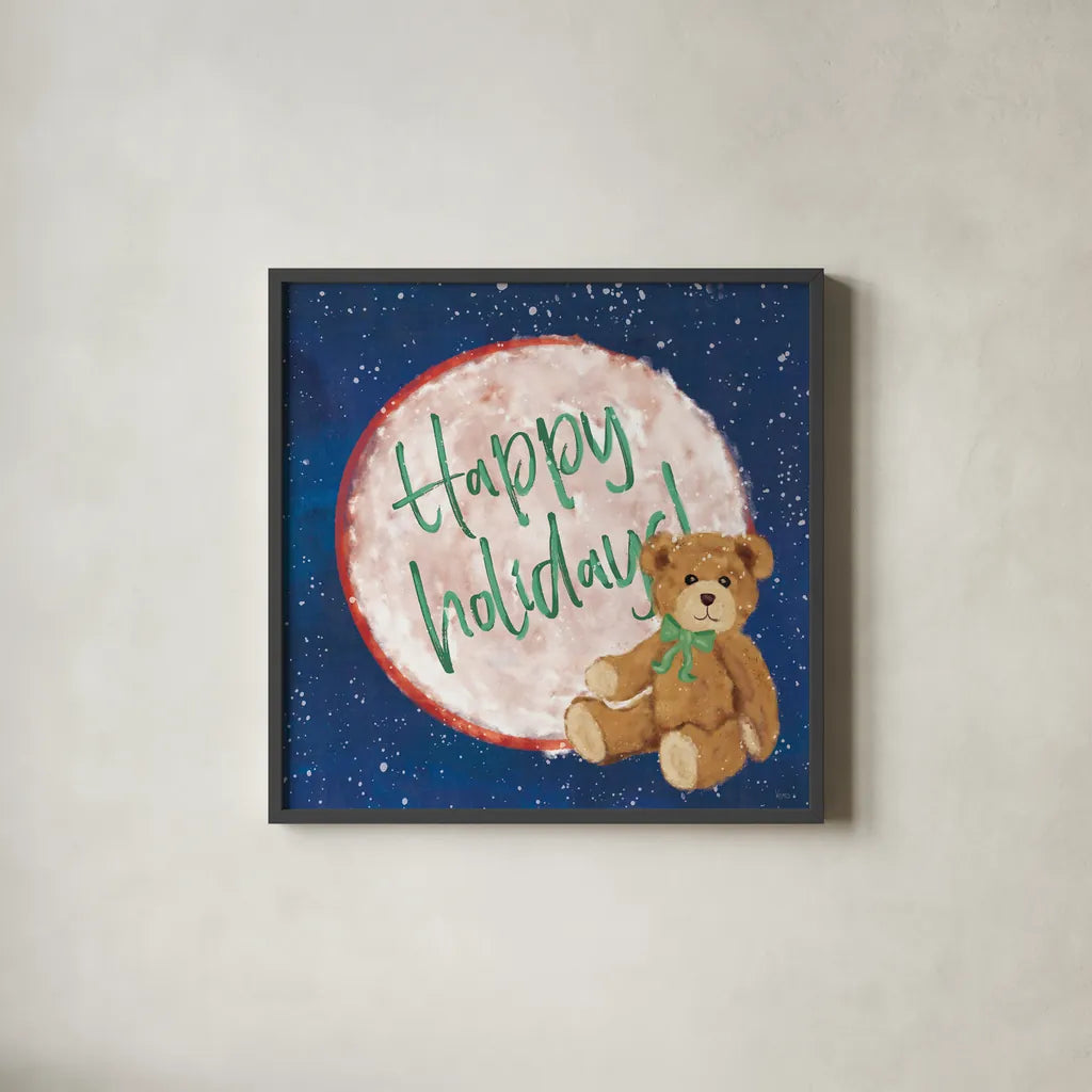 Hometown Holiday V by Veronique Charron. Shown in a sleek black glass frame for a contemporary gallery look. Available as an archival giclee rolled canvas, fine art paper, or poster print. SKU 60900a.