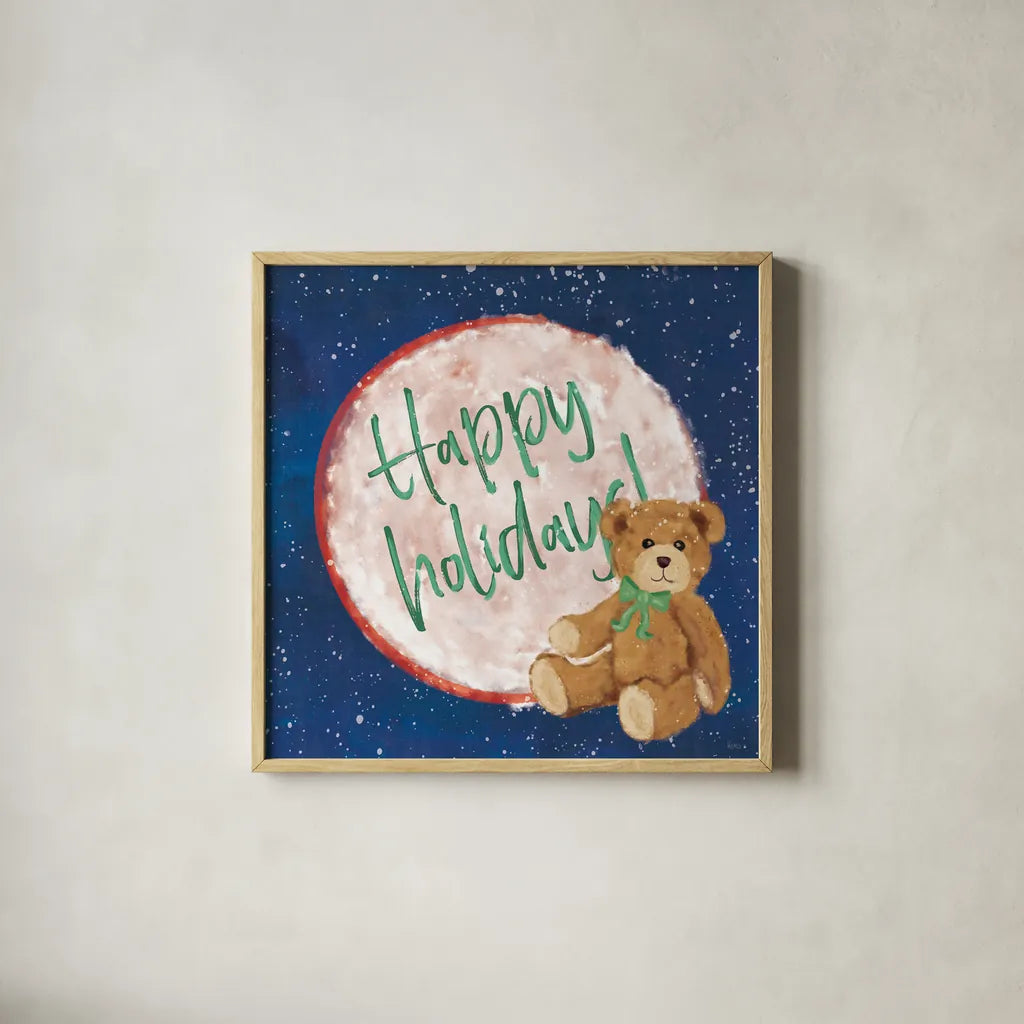 Hometown Holiday V by Veronique Charron. Shown in a natural wood glass frame for a timeless modern aesthetic. Available as an archival giclee rolled canvas, fine art paper, or poster print. SKU 60900a.