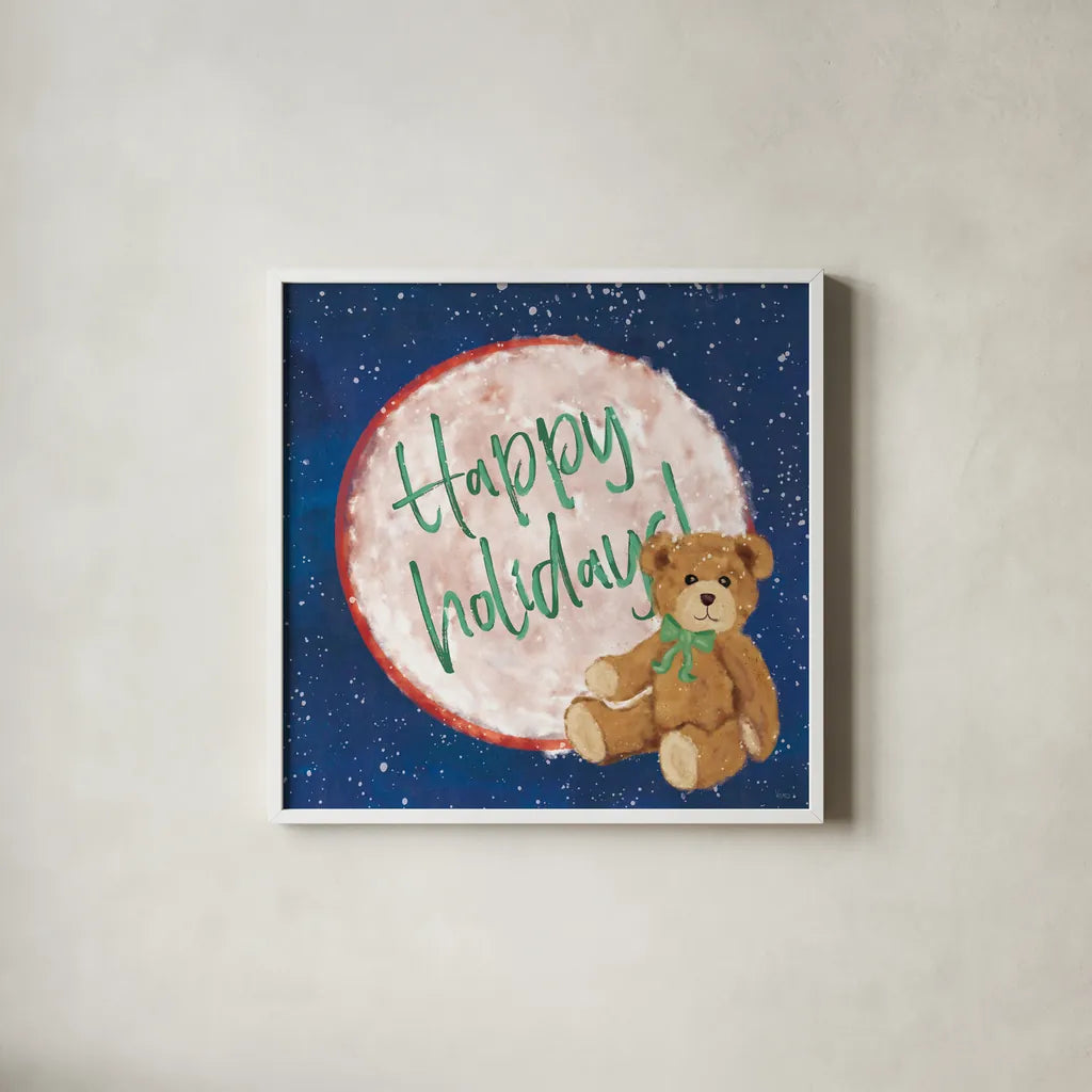 Hometown Holiday V by Veronique Charron. Shown in a crisp white glass frame for a clean and minimalist style. Available as an archival giclee rolled canvas, fine art paper, or poster print. SKU 60900a.