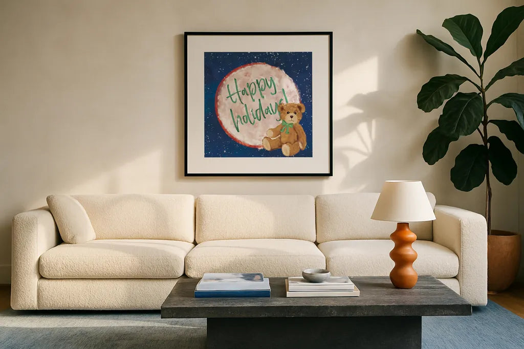 Hometown Holiday V by Veronique Charron. Displayed in a glass frame with matte in a clean modern living room. Available as an archival giclee rolled canvas, fine art paper, or poster print. SKU 60900a.