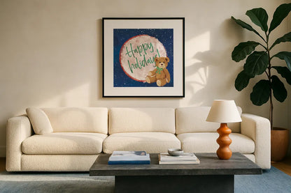 Hometown Holiday V by Veronique Charron. Displayed in a glass frame with matte in a clean modern living room. Available as an archival giclee rolled canvas, fine art paper, or poster print. SKU 60900a.