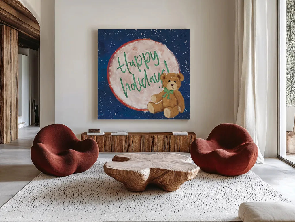 Hometown Holiday V by Veronique Charron. Shown as extra-large giant wall art in a modern living room. Available as an archival giclee rolled canvas, fine art paper, or poster print. SKU 60900a.