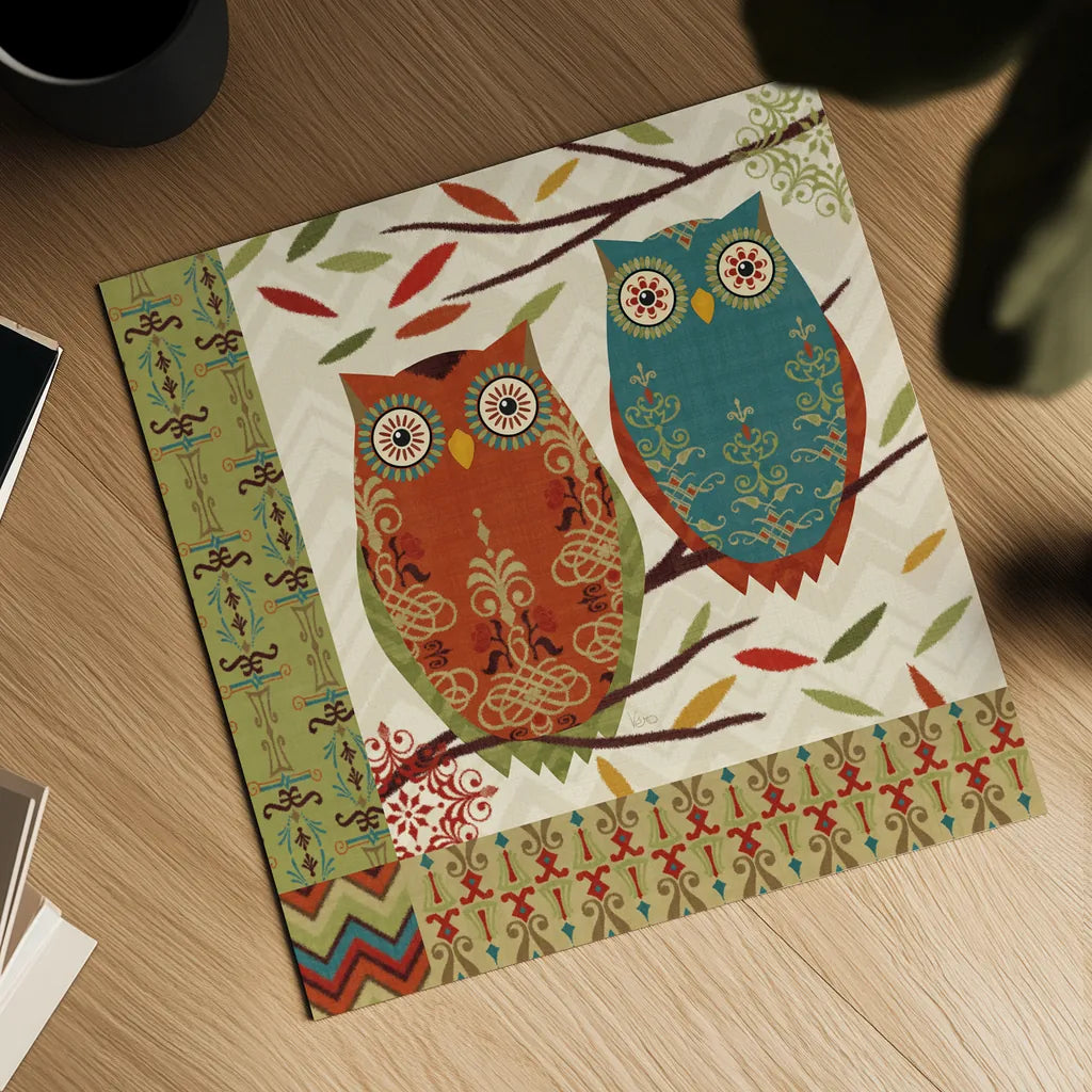 Hoot I by Veronique Charron. Shown as a detailed flat fine art print, highlighting archival giclee quality. Available as an archival giclee rolled canvas, fine art paper, or poster print. SKU 11840a.
