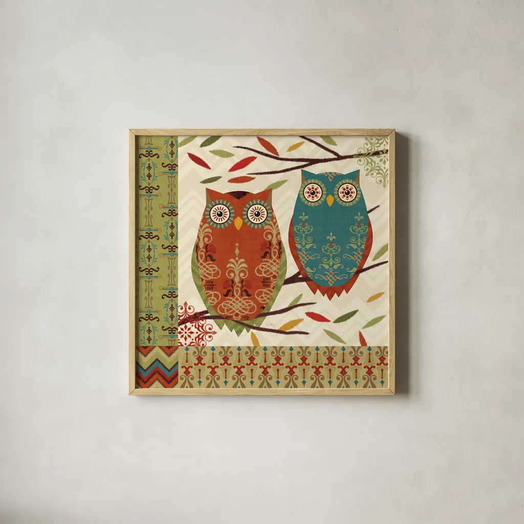 Hoot I by Veronique Charron. Shown in a natural wood glass frame for a timeless modern aesthetic. Available as an archival giclee rolled canvas, fine art paper, or poster print. SKU 11840a.