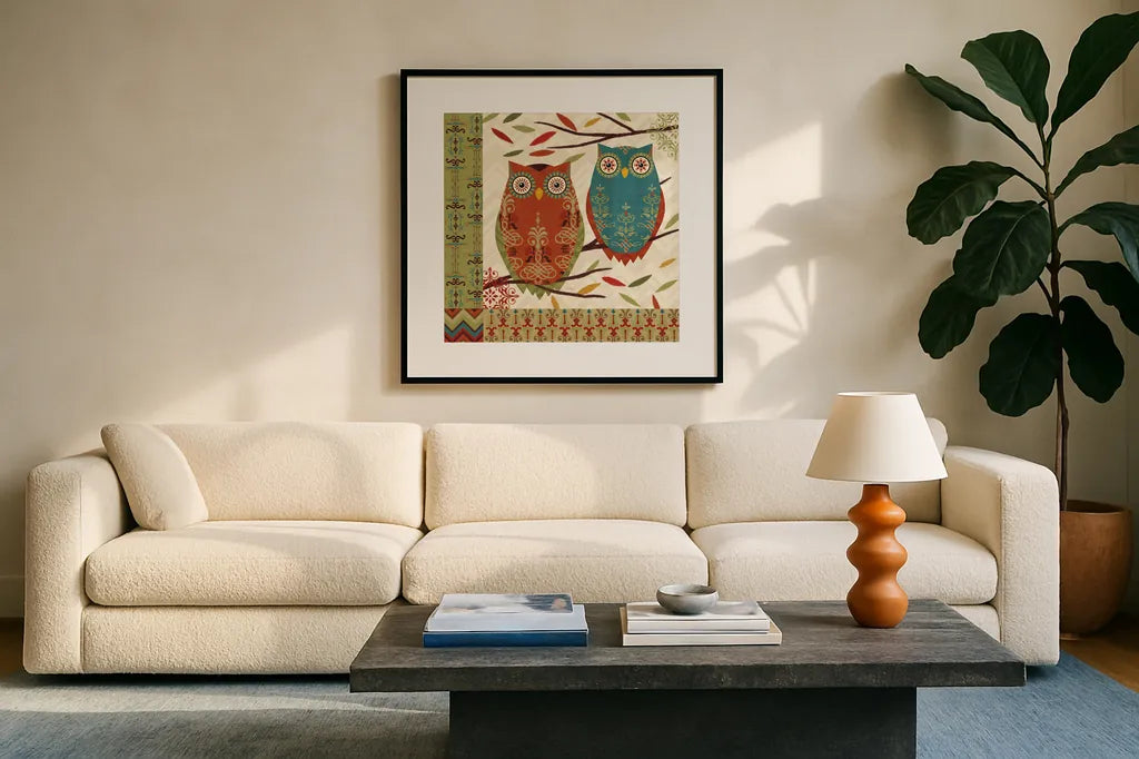 Hoot I by Veronique Charron. Displayed in a glass frame with matte in a clean modern living room. Available as an archival giclee rolled canvas, fine art paper, or poster print. SKU 11840a.