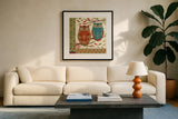 Hoot I by Veronique Charron. Displayed in a glass frame with matte in a clean modern living room. Available as an archival giclee rolled canvas, fine art paper, or poster print. SKU 11840a.