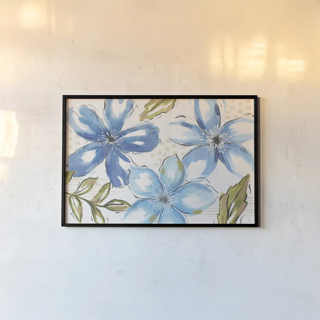 Indigo Tones I by Veronique Charron. shown as a paper print in a black flame. Available as a archival giclee rolled canvas, fine art paper, or poster print. SKU 84365i.