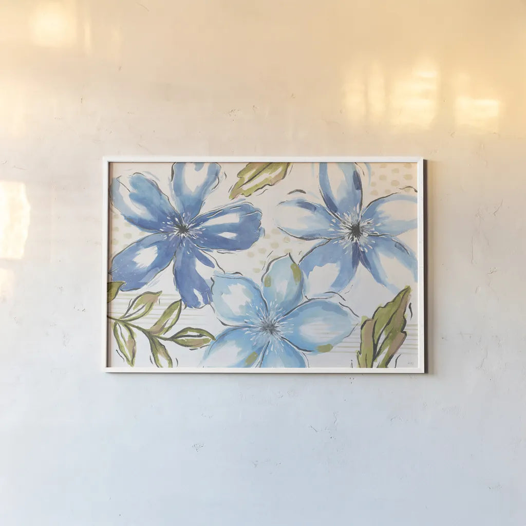 Indigo Tones I by Veronique Charron. shown as a paper print in a white frame. Available as a archival giclee rolled canvas, fine art paper, or poster print. SKU 84365i.