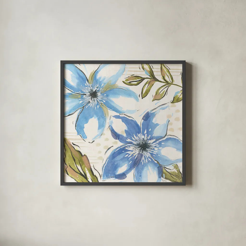 Indigo Tones II by Veronique Charron. Shown in a sleek black glass frame for a contemporary gallery look. Available as an archival giclee rolled canvas, fine art paper, or poster print. SKU 84366a.