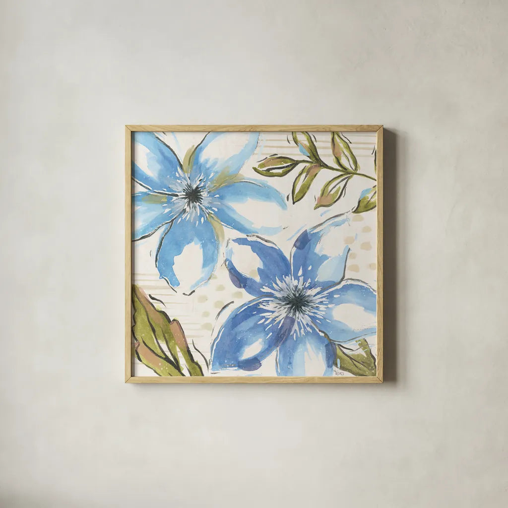 Indigo Tones II by Veronique Charron. Shown in a natural wood glass frame for a timeless modern aesthetic. Available as an archival giclee rolled canvas, fine art paper, or poster print. SKU 84366a.