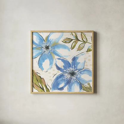 Indigo Tones II by Veronique Charron. Shown in a natural wood glass frame for a timeless modern aesthetic. Available as an archival giclee rolled canvas, fine art paper, or poster print. SKU 84366a.