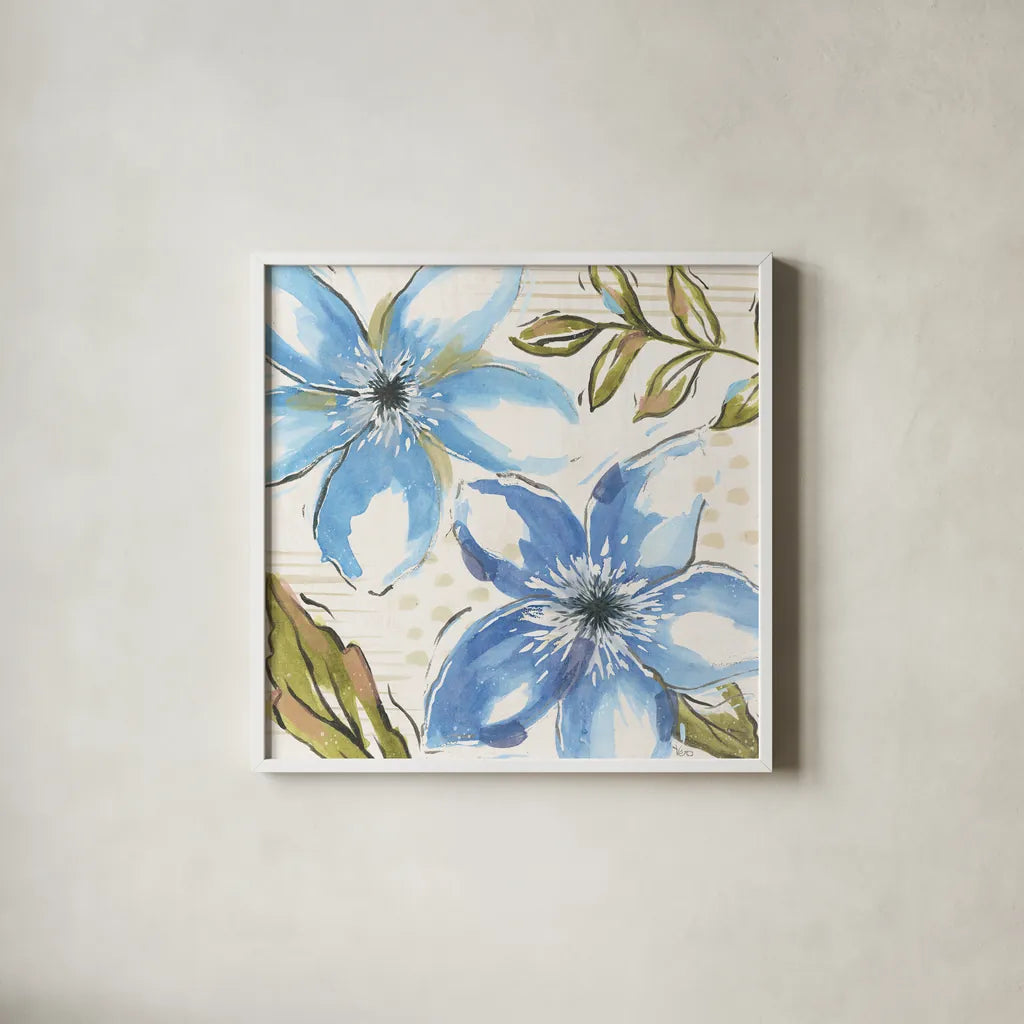 Indigo Tones II by Veronique Charron. Shown in a crisp white glass frame for a clean and minimalist style. Available as an archival giclee rolled canvas, fine art paper, or poster print. SKU 84366a.