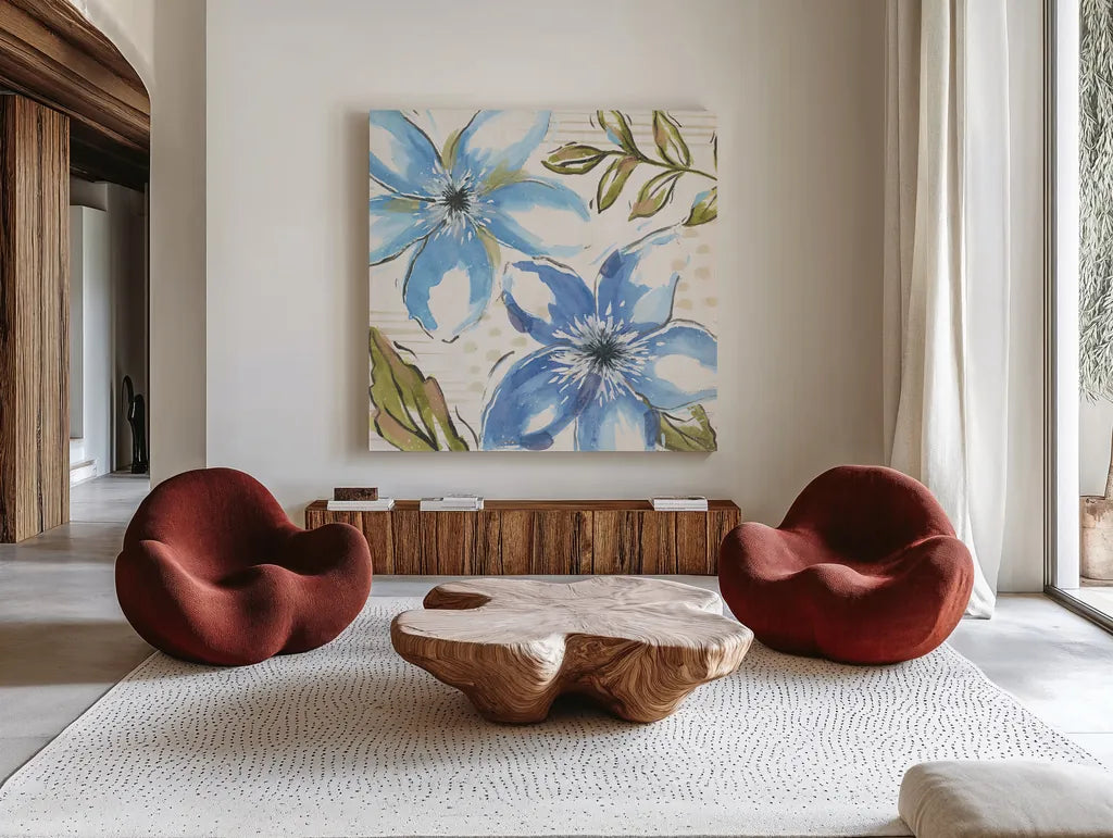 Indigo Tones II by Veronique Charron. Shown as extra-large giant wall art in a modern living room. Available as an archival giclee rolled canvas, fine art paper, or poster print. SKU 84366a.