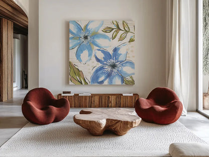 Indigo Tones II by Veronique Charron. Shown as extra-large giant wall art in a modern living room. Available as an archival giclee rolled canvas, fine art paper, or poster print. SKU 84366a.