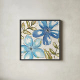 Indigo Tones III by Veronique Charron. Shown in a sleek black glass frame for a contemporary gallery look. Available as an archival giclee rolled canvas, fine art paper, or poster print. SKU 84367a.
