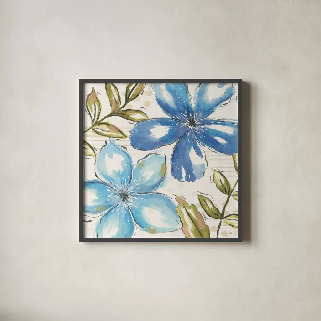 Indigo Tones III by Veronique Charron. Shown in a sleek black glass frame for a contemporary gallery look. Available as an archival giclee rolled canvas, fine art paper, or poster print. SKU 84367a.