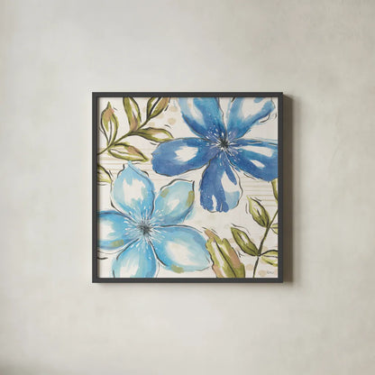 Indigo Tones III by Veronique Charron. Shown in a sleek black glass frame for a contemporary gallery look. Available as an archival giclee rolled canvas, fine art paper, or poster print. SKU 84367a.