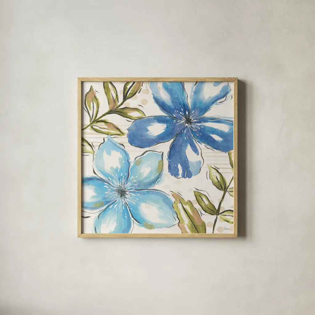 Indigo Tones III by Veronique Charron. Shown in a natural wood glass frame for a timeless modern aesthetic. Available as an archival giclee rolled canvas, fine art paper, or poster print. SKU 84367a.