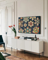 La Vida Loca I Blue by Veronique Charron. shown as a framed stretched canvas in a living room above a console. Available as a archival giclee rolled canvas, fine art paper, or poster print. SKU 39489i.