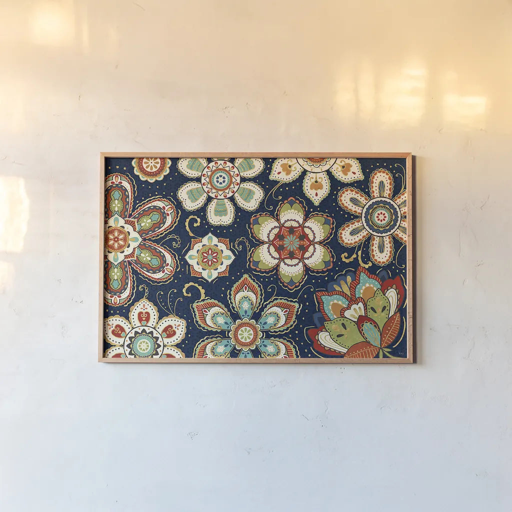 La Vida Loca I Blue by Veronique Charron. shown as a paper print in a natural frame. Available as a archival giclee rolled canvas, fine art paper, or poster print. SKU 39489i.