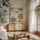 La Vida Loca II by Veronique Charron. Shown in a natural wood frame in a cozy modern living room. Available as an archival giclee rolled canvas, fine art paper, or poster print. SKU 39481a.