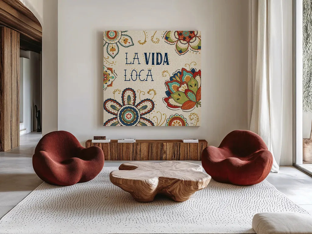 La Vida Loca II by Veronique Charron. Shown as extra-large giant wall art in a modern living room. Available as an archival giclee rolled canvas, fine art paper, or poster print. SKU 39481a.