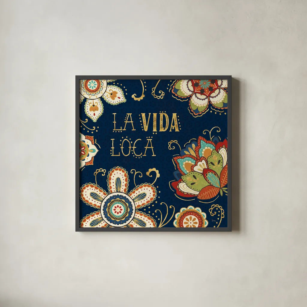 La Vida Loca II Blue by Veronique Charron. Shown in a sleek black glass frame for a contemporary gallery look. Available as an archival giclee rolled canvas, fine art paper, or poster print. SKU 39490a.