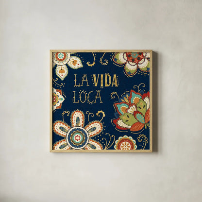 La Vida Loca II Blue by Veronique Charron. Shown in a natural wood glass frame for a timeless modern aesthetic. Available as an archival giclee rolled canvas, fine art paper, or poster print. SKU 39490a.