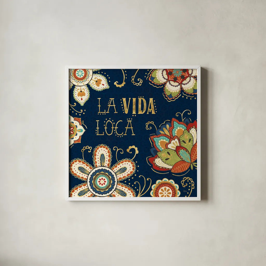 La Vida Loca II Blue by Veronique Charron. Shown in a crisp white glass frame for a clean and minimalist style. Available as an archival giclee rolled canvas, fine art paper, or poster print. SKU 39490a.