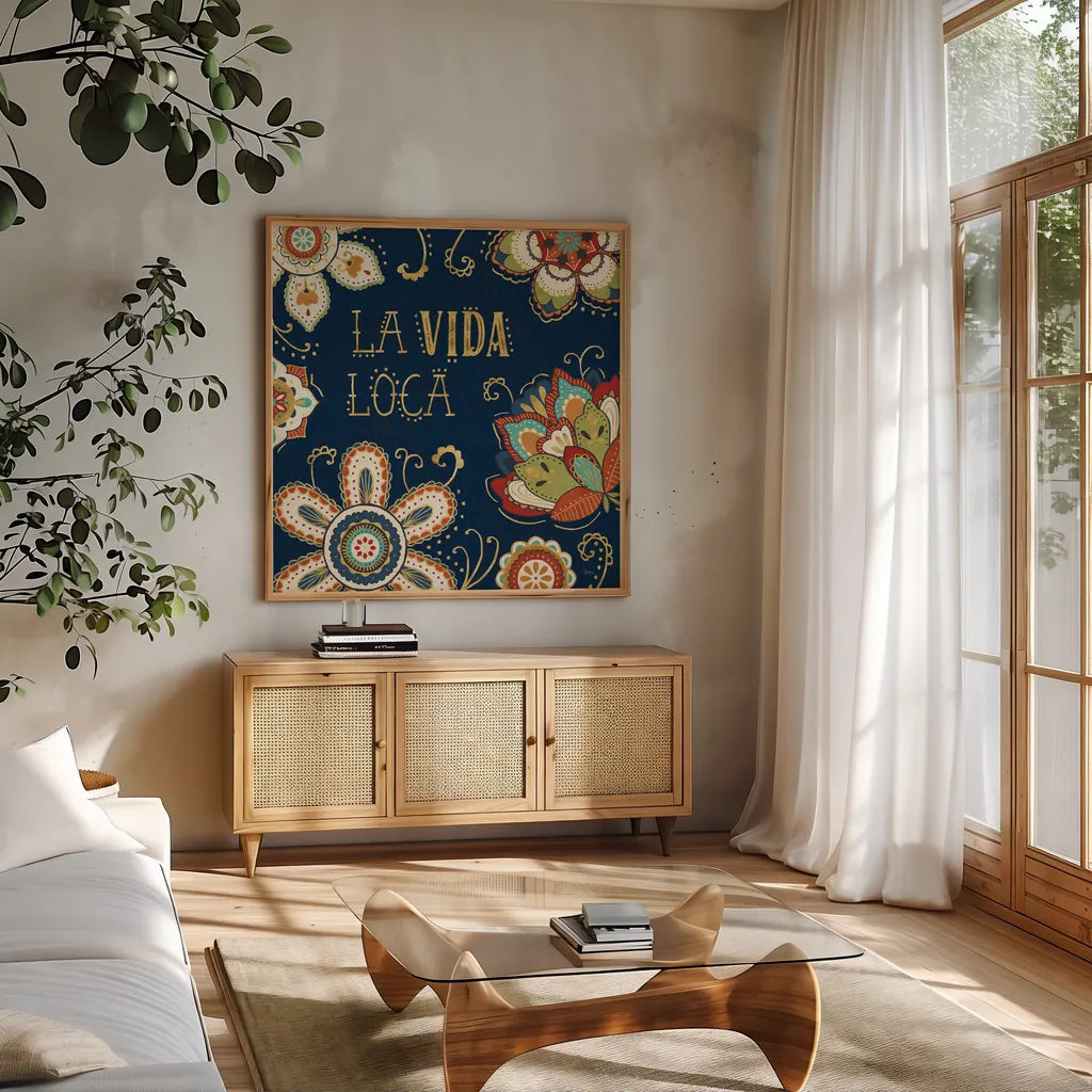 La Vida Loca II Blue by Veronique Charron. Shown in a natural wood frame in a cozy modern living room. Available as an archival giclee rolled canvas, fine art paper, or poster print. SKU 39490a.