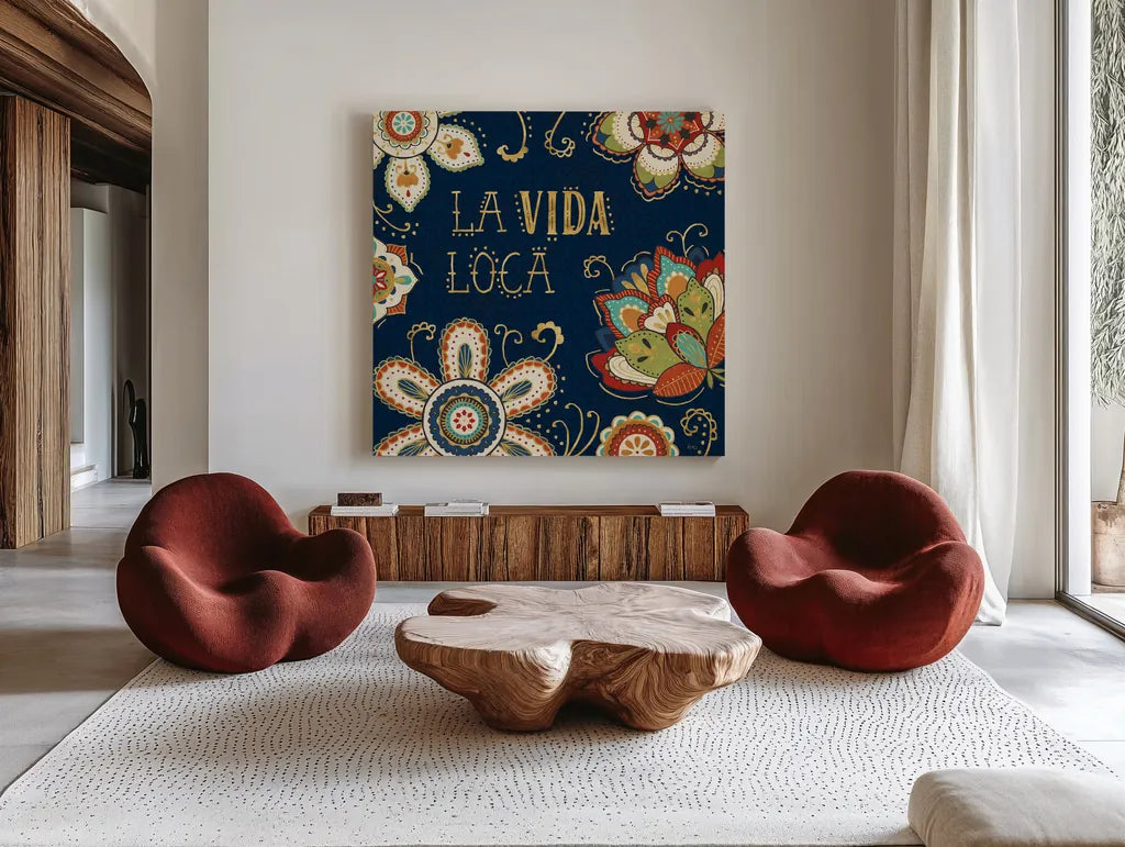 La Vida Loca II Blue by Veronique Charron. Shown as extra-large giant wall art in a modern living room. Available as an archival giclee rolled canvas, fine art paper, or poster print. SKU 39490a.