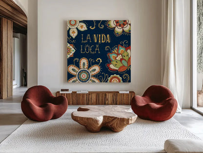 La Vida Loca II Blue by Veronique Charron. Shown as extra-large giant wall art in a modern living room. Available as an archival giclee rolled canvas, fine art paper, or poster print. SKU 39490a.