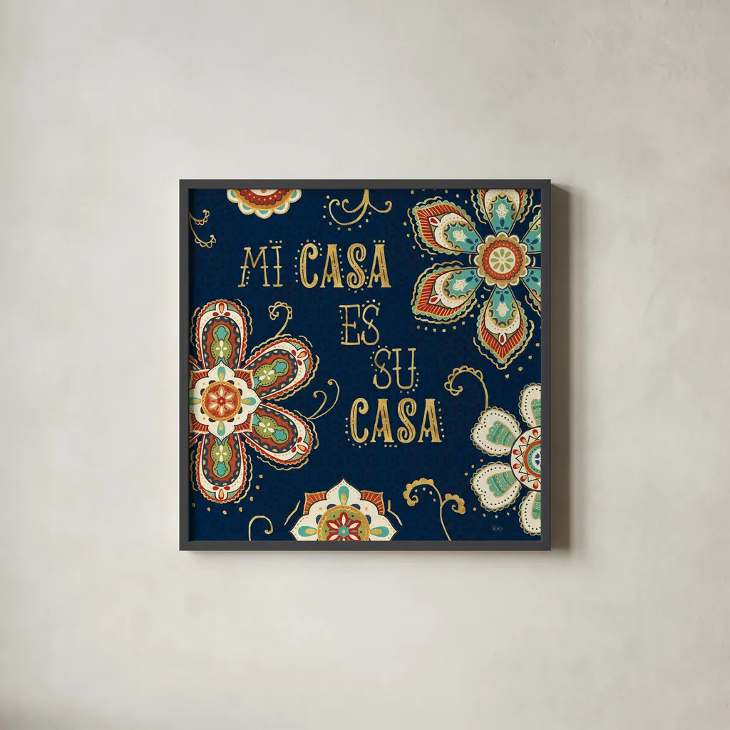 La Vida Loca III Blue by Veronique Charron. Shown in a sleek black glass frame for a contemporary gallery look. Available as an archival giclee rolled canvas, fine art paper, or poster print. SKU 39491a.