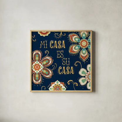 La Vida Loca III Blue by Veronique Charron. Shown in a natural wood glass frame for a timeless modern aesthetic. Available as an archival giclee rolled canvas, fine art paper, or poster print. SKU 39491a.